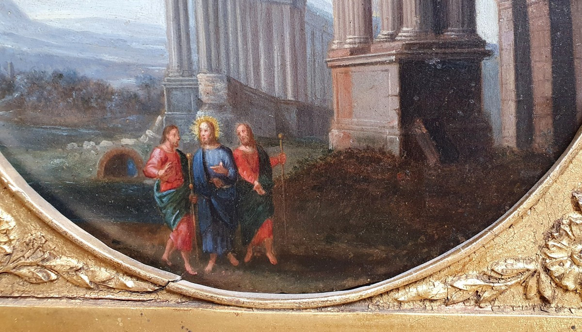 Apparition On The Road To Emmaus, Oil On Panel, 18th Century, Architecture, Jesus Christ-photo-3