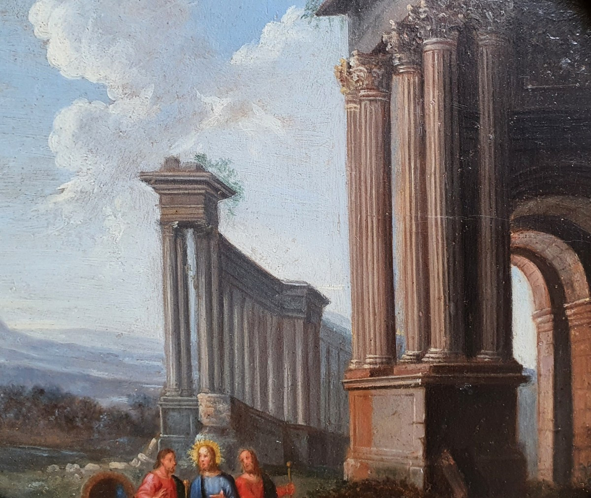 Apparition On The Road To Emmaus, Oil On Panel, 18th Century, Architecture, Jesus Christ-photo-4