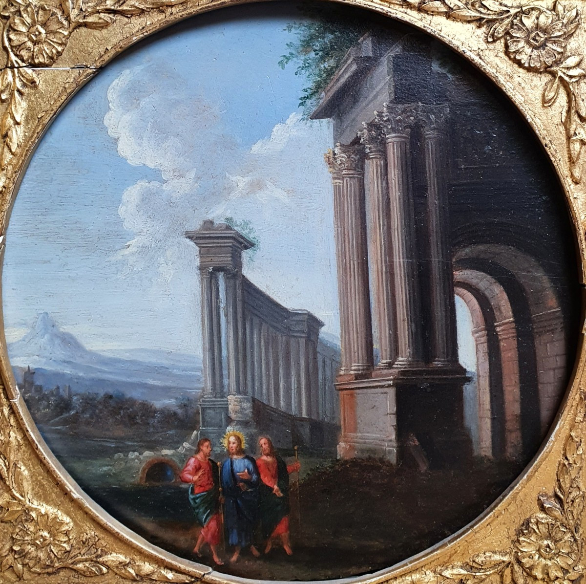 Apparition On The Road To Emmaus, Oil On Panel, 18th Century, Architecture, Jesus Christ