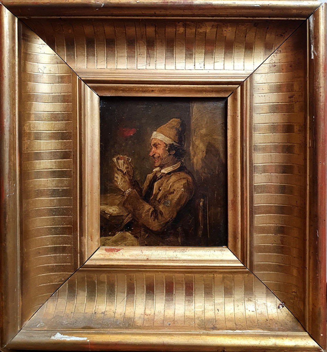 The Card Player Oil On Panel 19th Century-photo-2