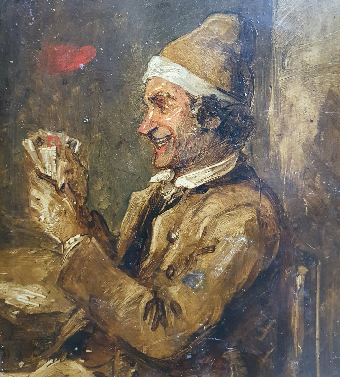The Card Player Oil On Panel 19th Century-photo-3
