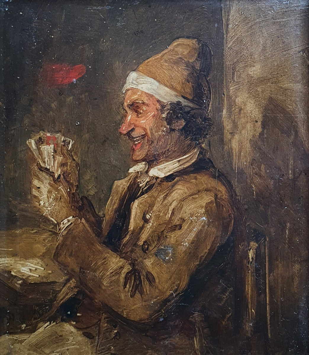 The Card Player Oil On Panel 19th Century
