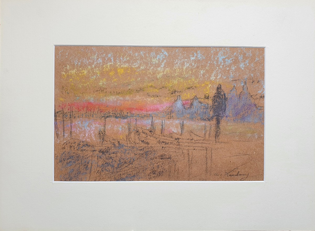 André Hambourg Vue de Venise Pastel ou crayon gras sur papier vers 1930 dessin Italie -photo-2