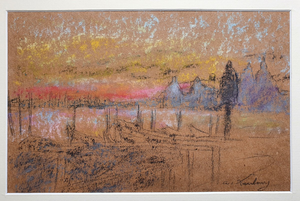 André Hambourg Vue de Venise Pastel ou crayon gras sur papier vers 1930 dessin Italie -photo-3