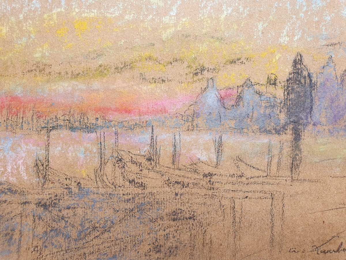 André Hambourg Vue de Venise Pastel ou crayon gras sur papier vers 1930 dessin Italie -photo-4