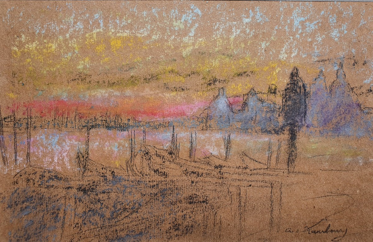 André Hambourg Vue de Venise Pastel ou crayon gras sur papier vers 1930 dessin Italie 