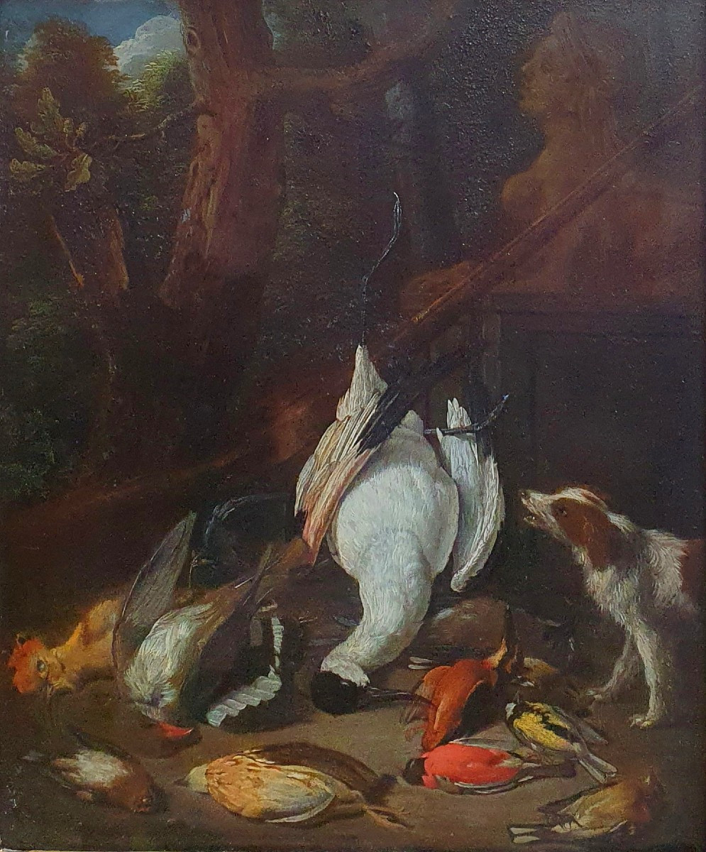 Bird Hunting Trophy Rifle Dog Sphinx Oil On Copper 17th Century Dutch School-photo-4