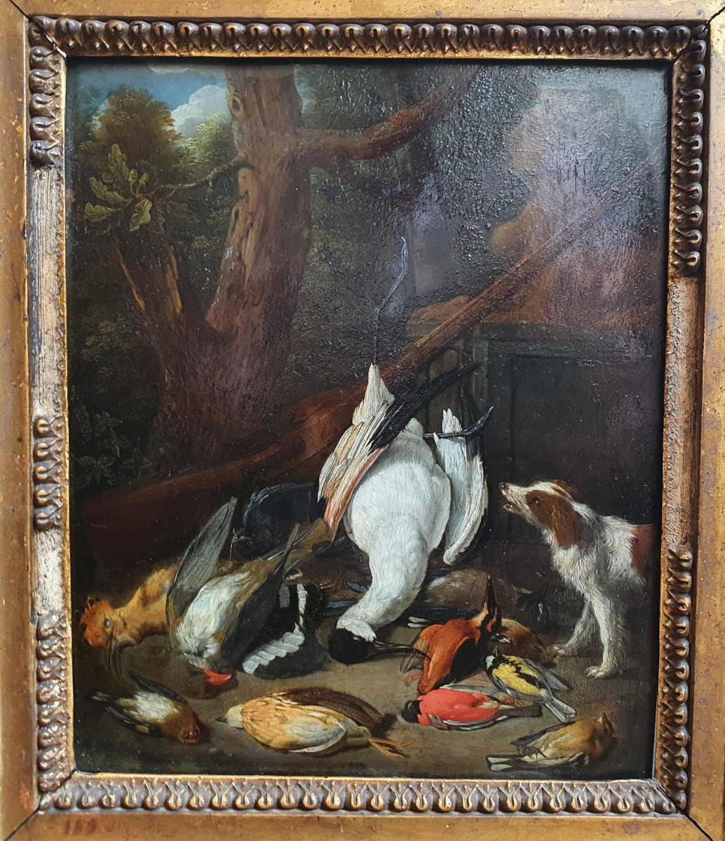 Bird Hunting Trophy Rifle Dog Sphinx Oil On Copper 17th Century Dutch School