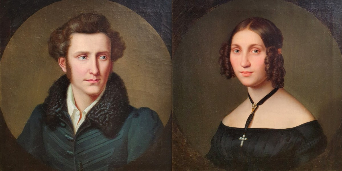 Louis et Victoria Sprückmann Paire de portraits huile sur toile Paderborn Francfort sur le Main