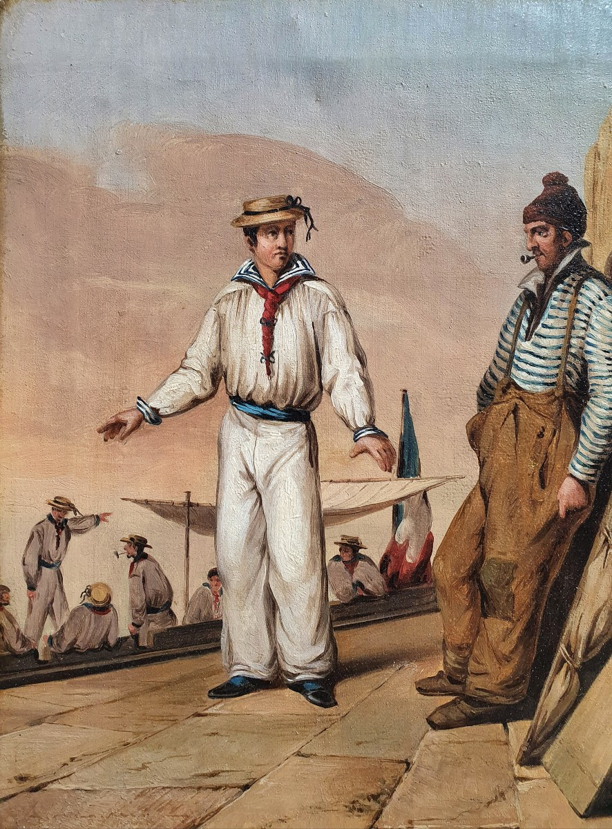 Marins ou jouteurs huile sur toile Serret 1834 matelots français joute-photo-3