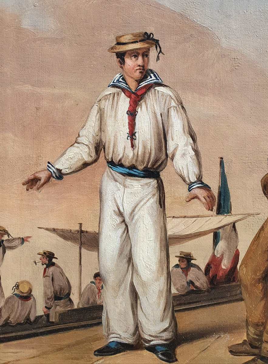 Marins ou jouteurs huile sur toile Serret 1834 matelots français joute-photo-4