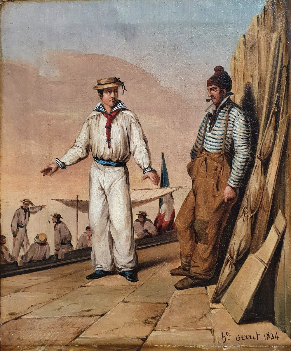Marins ou jouteurs huile sur toile Serret 1834 matelots français joute