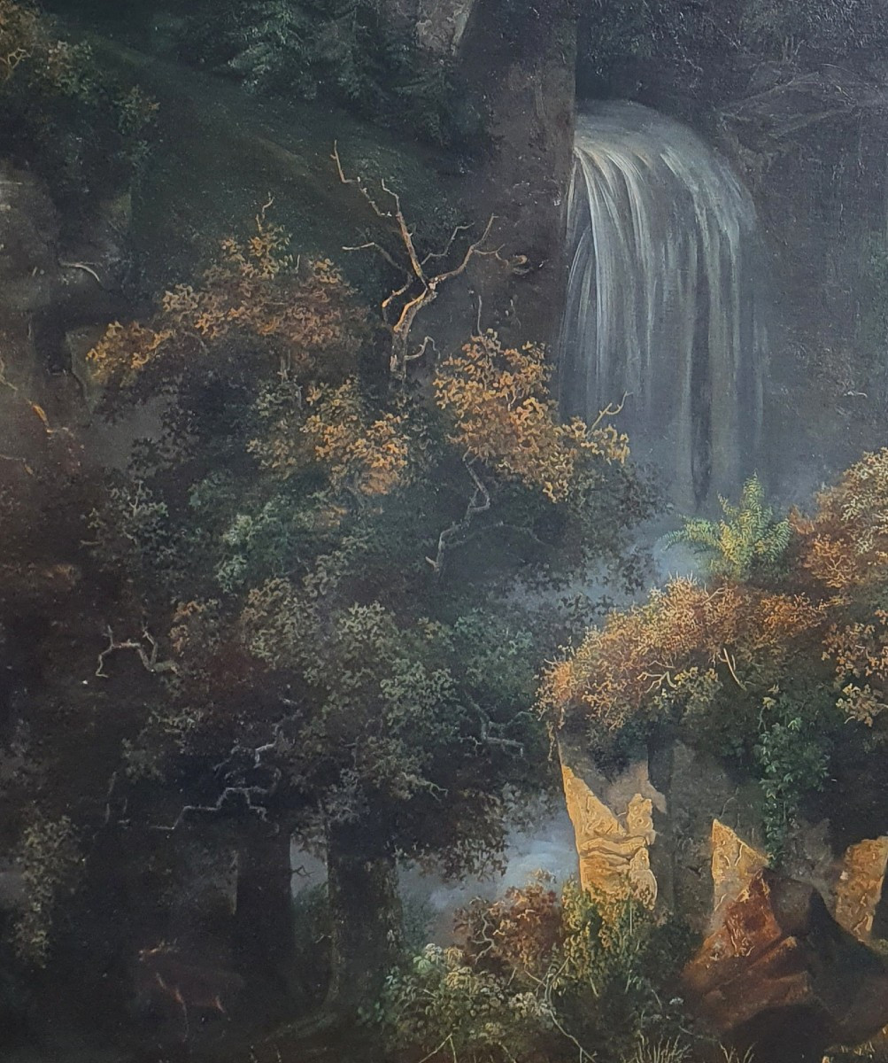 Paysage de montagne à la cascade Ecole Suisse début du XIXème siècle grande huile sur toile-photo-3