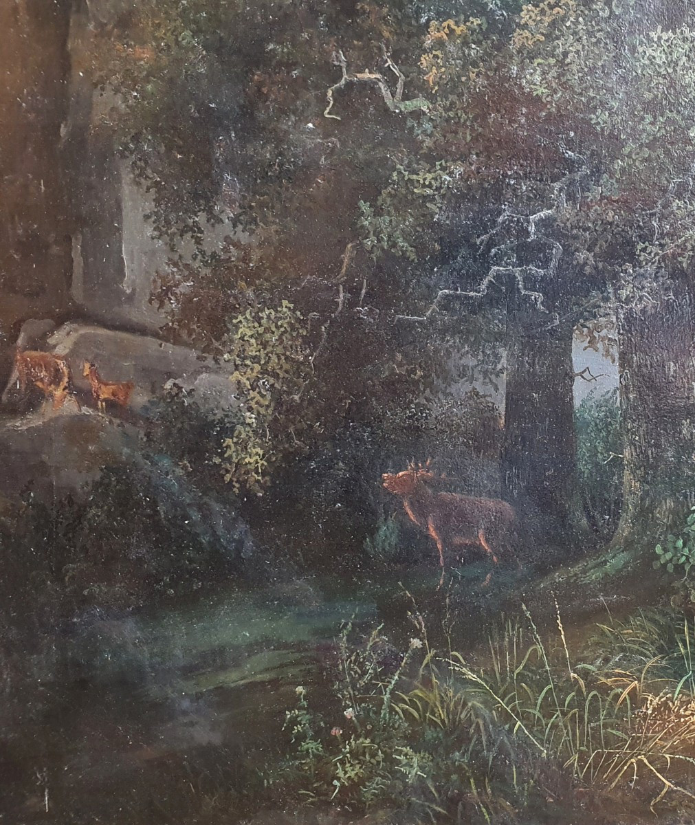 Paysage de montagne à la cascade Ecole Suisse début du XIXème siècle grande huile sur toile-photo-1