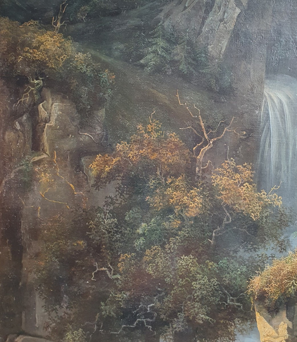 Paysage de montagne à la cascade Ecole Suisse début du XIXème siècle grande huile sur toile-photo-2