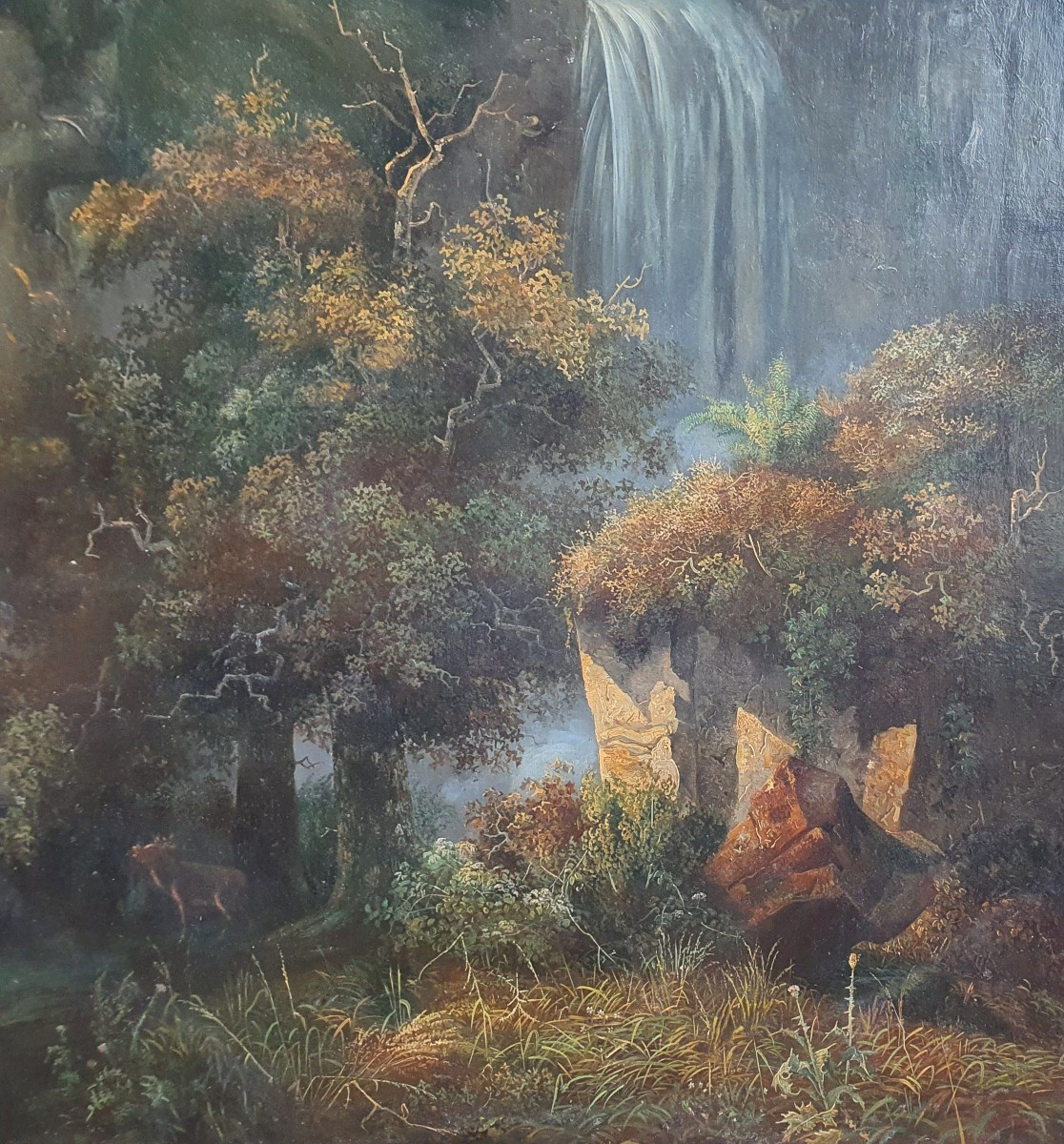 Paysage de montagne à la cascade Ecole Suisse début du XIXème siècle grande huile sur toile-photo-5