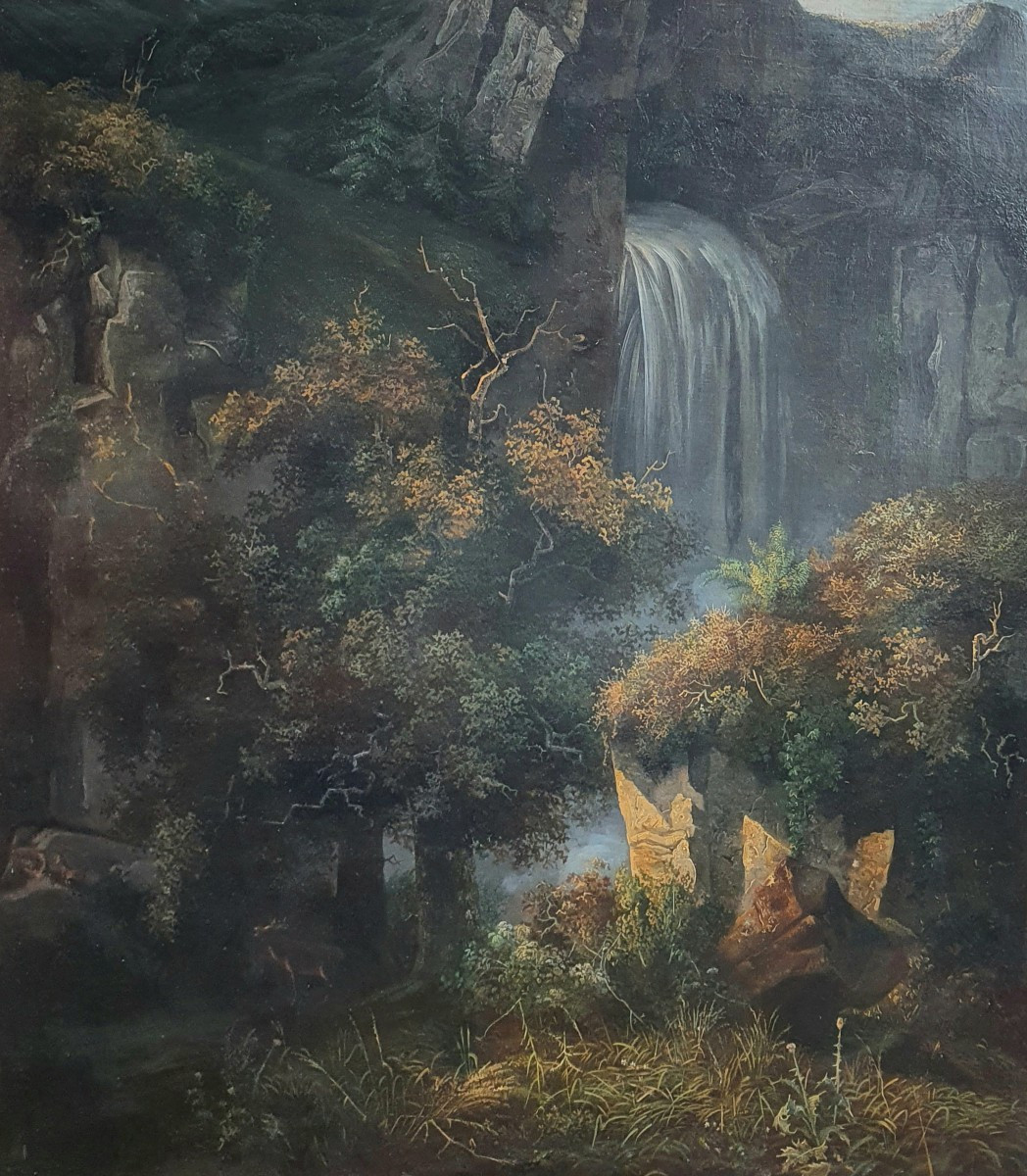 Paysage de montagne à la cascade Ecole Suisse début du XIXème siècle grande huile sur toile