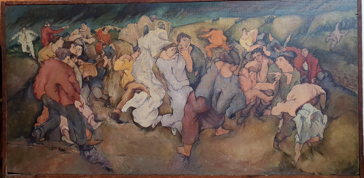 Pierre Zucchelli scène animée huile sur panneau vers 1940 -photo-2