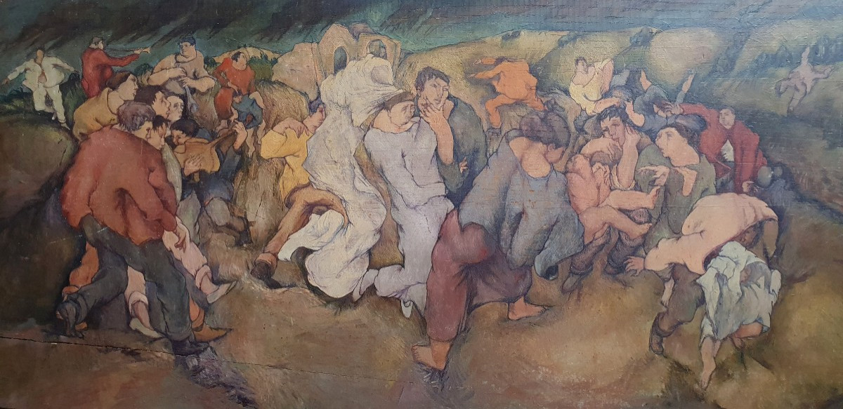 Pierre Zucchelli scène animée huile sur panneau vers 1940 