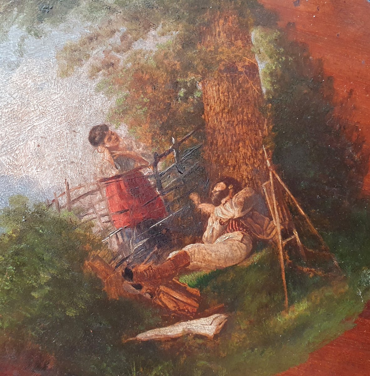 Palette De Peintre Tableau Scène De Peintre Au Chevalet XIXème Siècle-photo-3