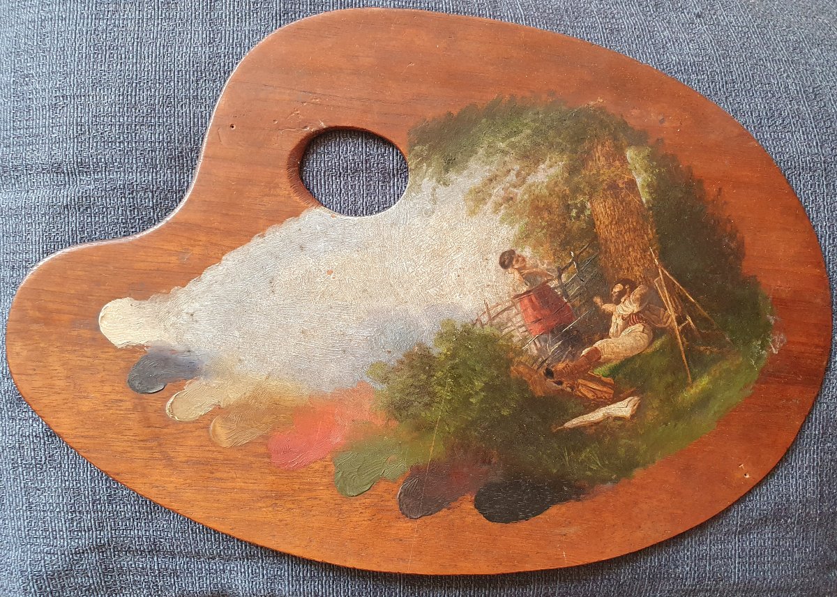 Palette De Peintre Tableau Scène De Peintre Au Chevalet XIXème Siècle
