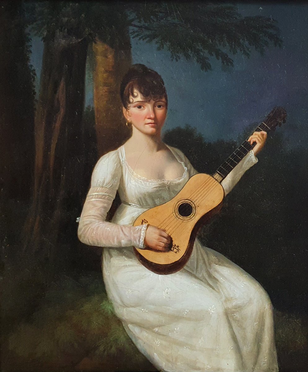 Portrait d'une  jeune femme à la guitare huile sur panneau début du XIXème siècle -photo-2