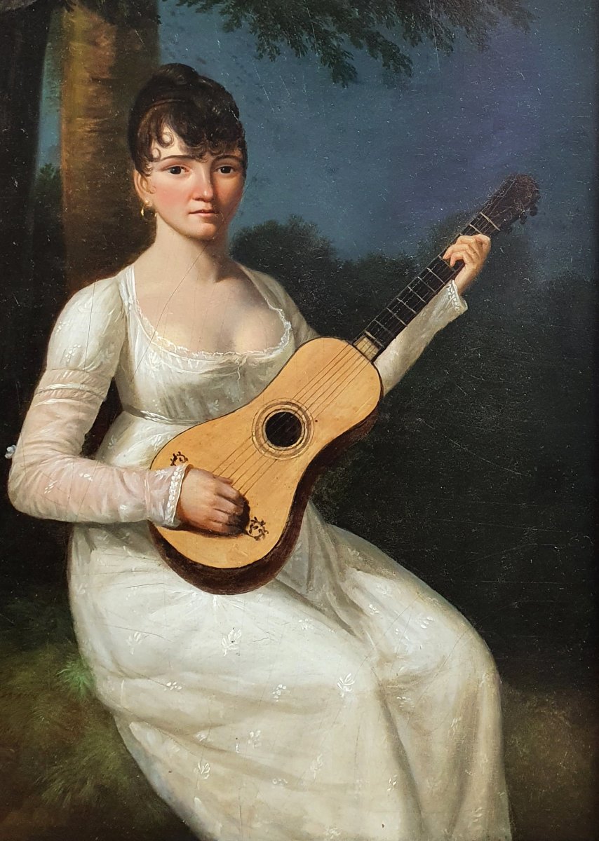 Portrait d'une  jeune femme à la guitare huile sur panneau début du XIXème siècle -photo-3