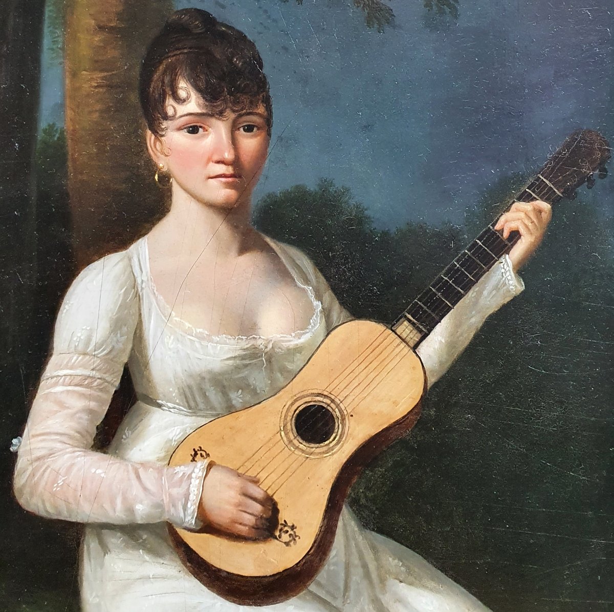 Portrait d'une  jeune femme à la guitare huile sur panneau début du XIXème siècle -photo-4