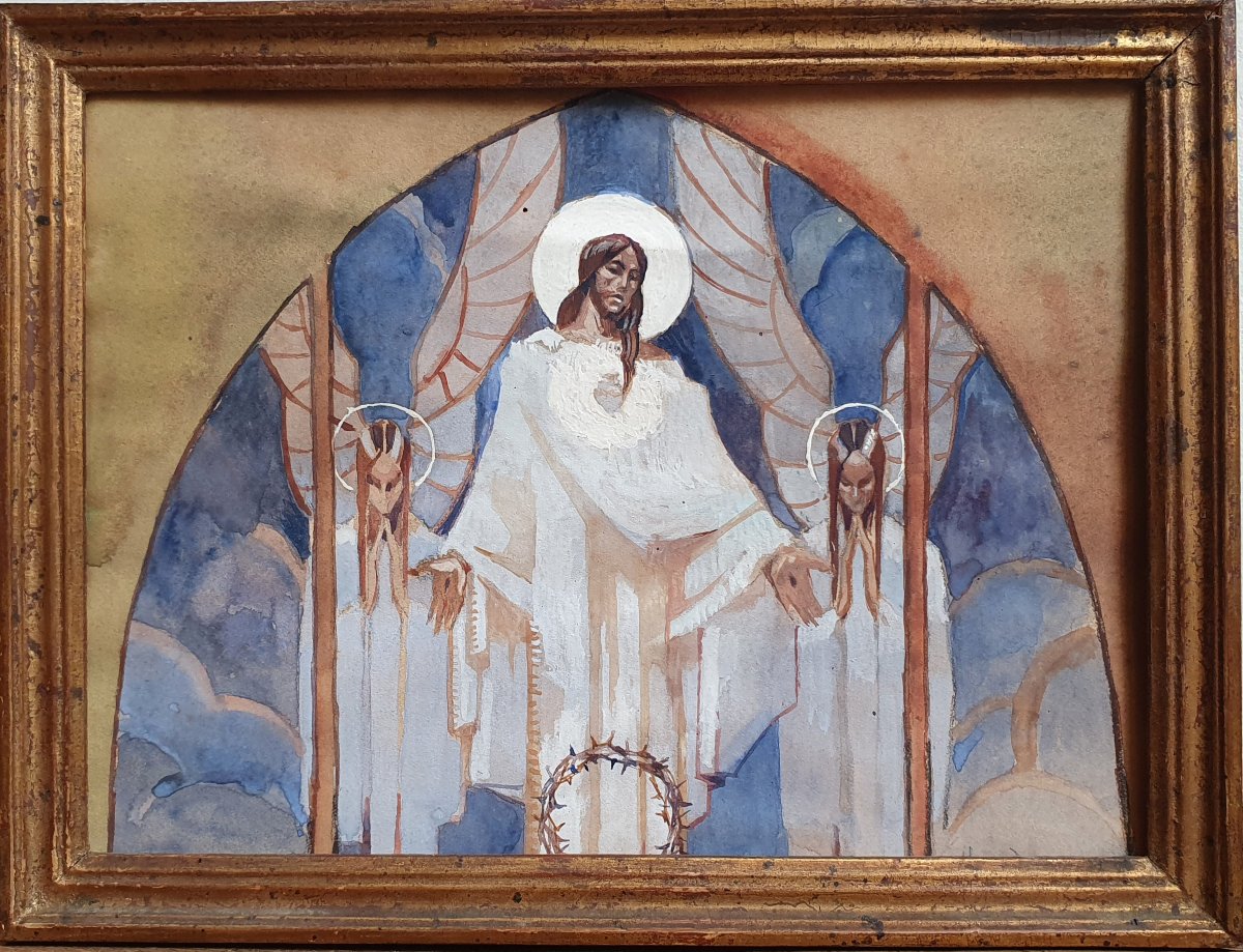 La résurrection du Christ fin du XIXème gouache sur papier signée Huard -photo-2