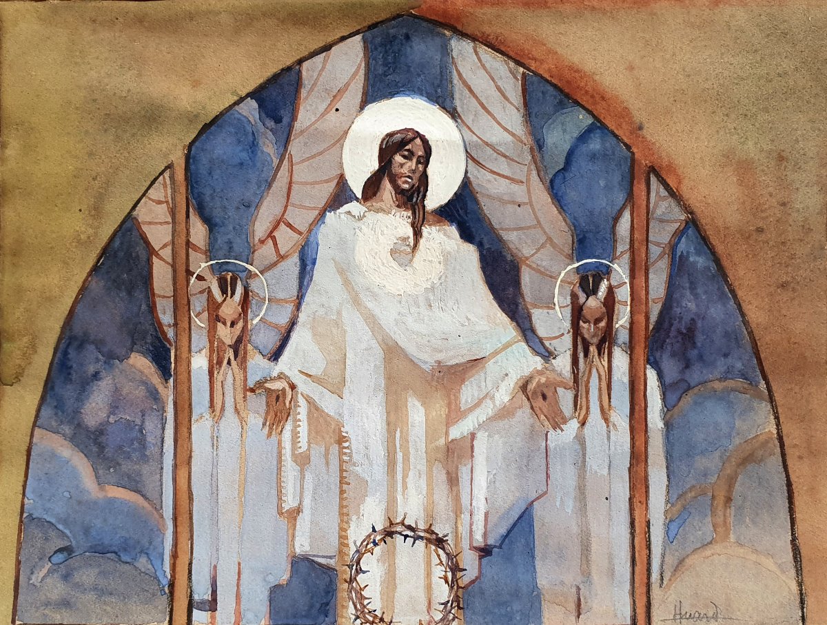 La résurrection du Christ fin du XIXème gouache sur papier signée Huard 