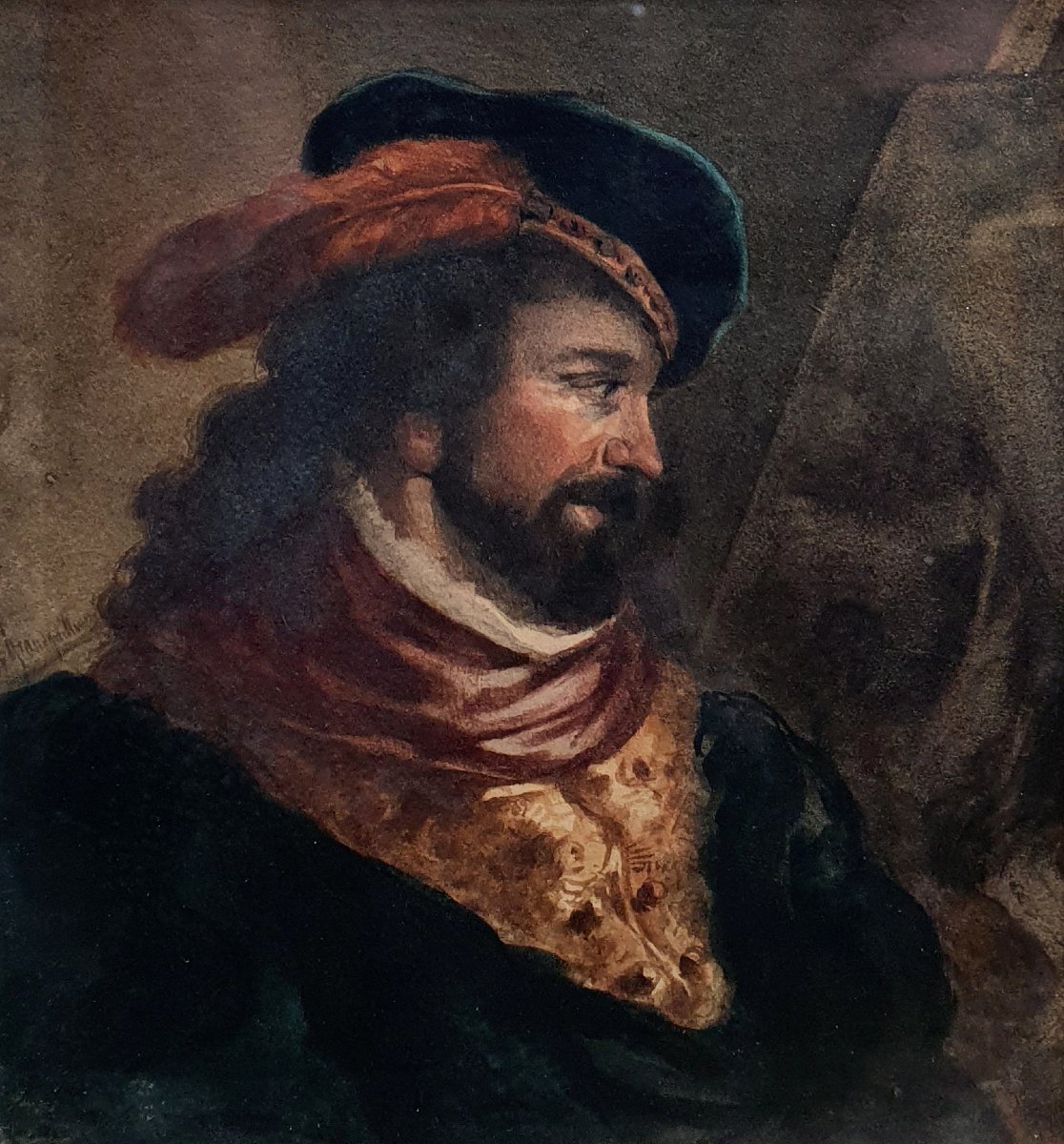 Léandre Grandguillaume Portrait Of A Renaissance Painter Watercolor On Paper Circa 1840