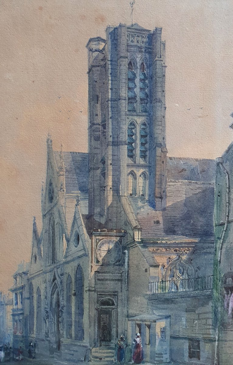Church Of Saint Nicolas Des Champs, Watercolor, 1846, Signature To Be Identified, Paris, Porte Saint-martin-photo-2