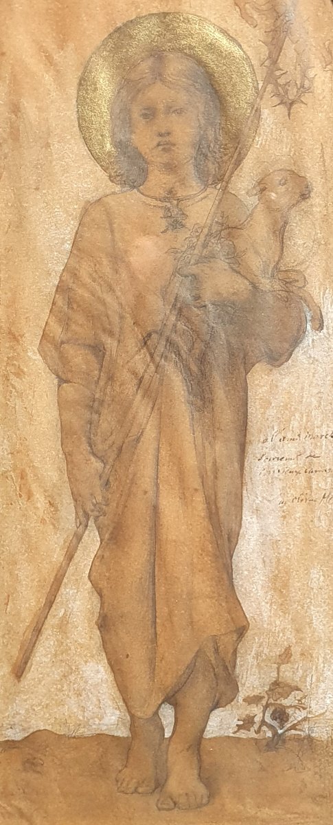 Luc Olivier Merson, *saint John The Baptist And The Lamb Of God*, Graphite Drawing, Late 19th Century-photo-2