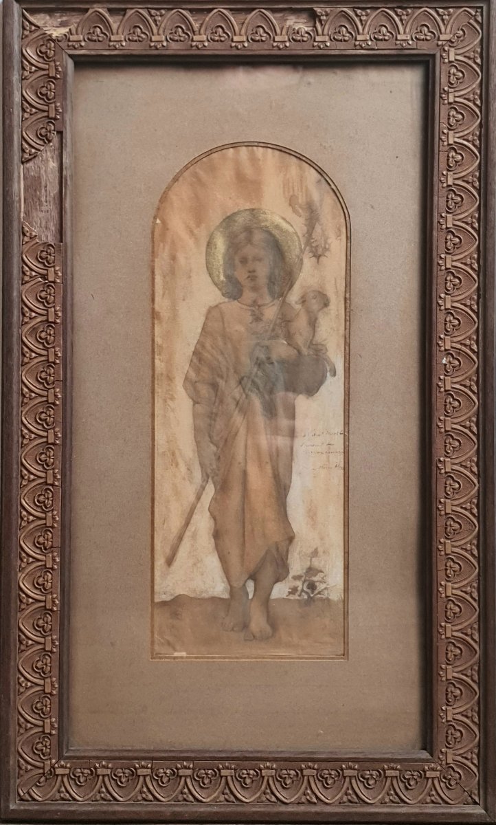Luc Olivier Merson, *saint John The Baptist And The Lamb Of God*, Graphite Drawing, Late 19th Century-photo-3