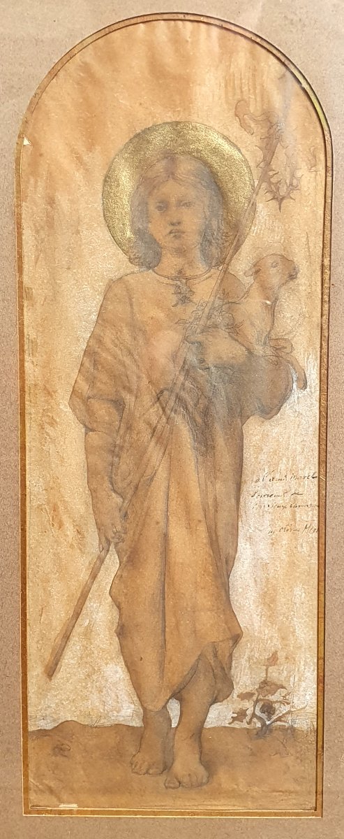 Luc Olivier Merson, *saint John The Baptist And The Lamb Of God*, Graphite Drawing, Late 19th Century