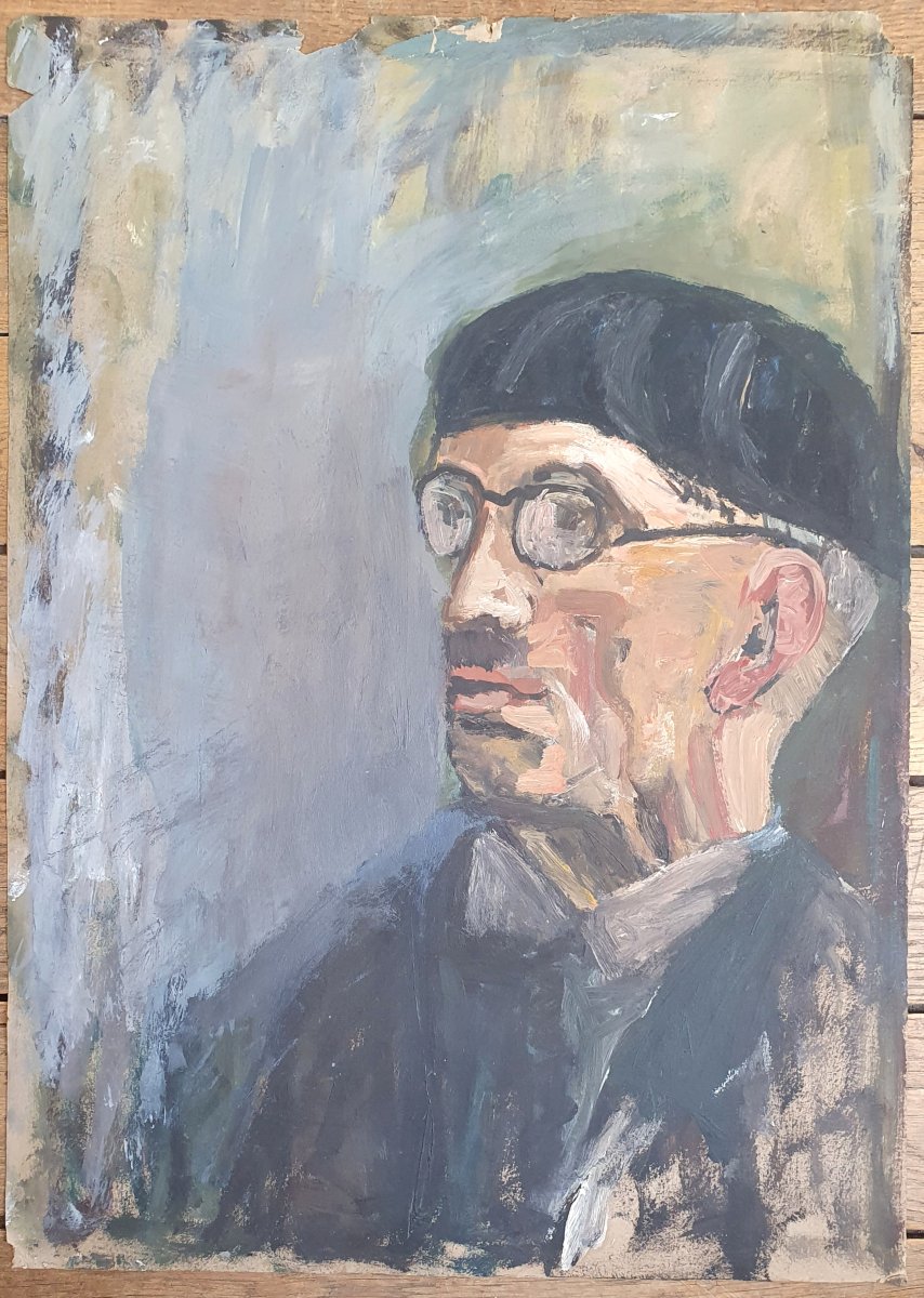 Portrait Of Tsugouharu Foujita, School Of Paris, Oil On Heavy Paper, Ca. 1940, Japanese -photo-2