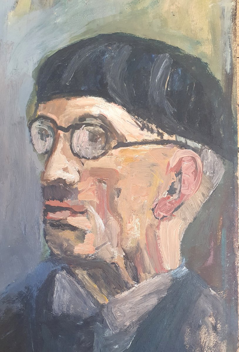 Portrait Of Tsugouharu Foujita, School Of Paris, Oil On Heavy Paper, Ca. 1940, Japanese -photo-3