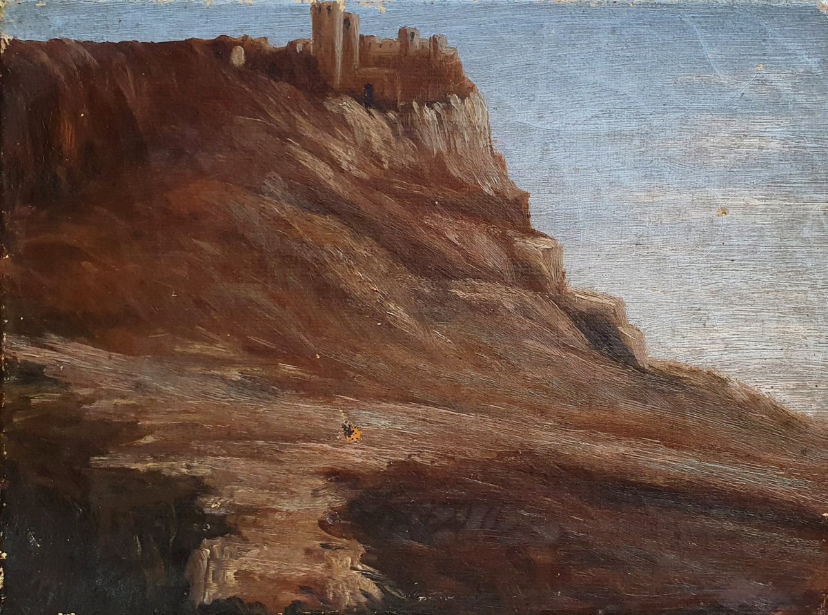 Paysage au château huile sur toile château du Pays Cathare ? XIXème siècle 