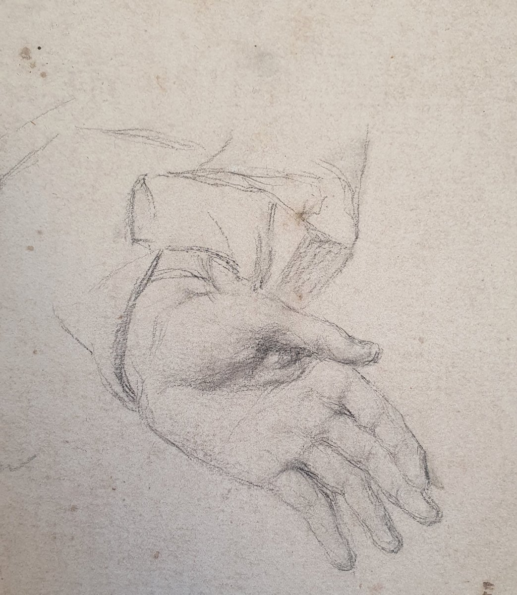 Sketch Of Hands In Graphite On Paper; 19th-century Drawing-photo-3