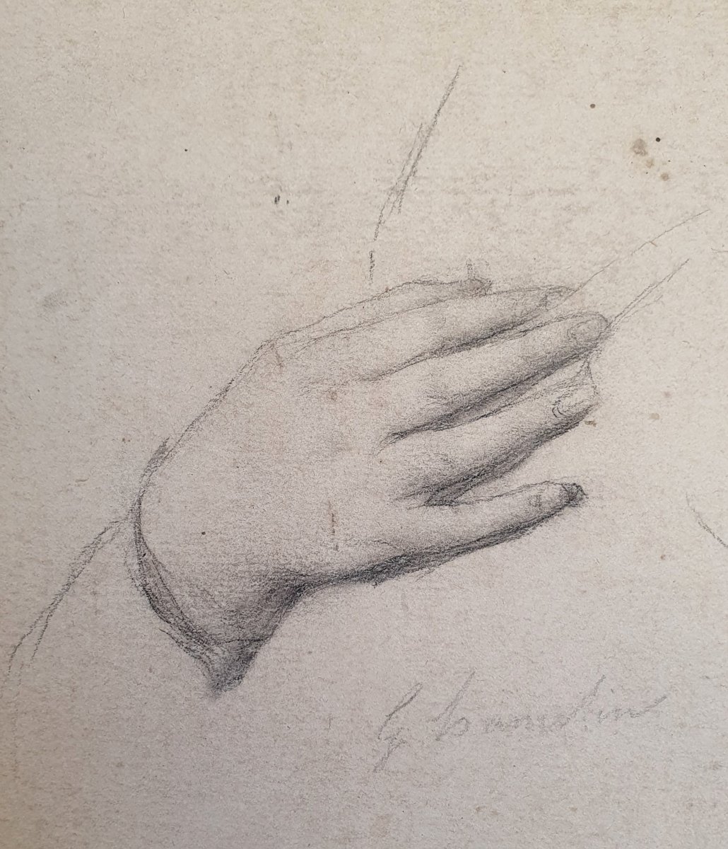 Sketch Of Hands In Graphite On Paper; 19th-century Drawing-photo-4