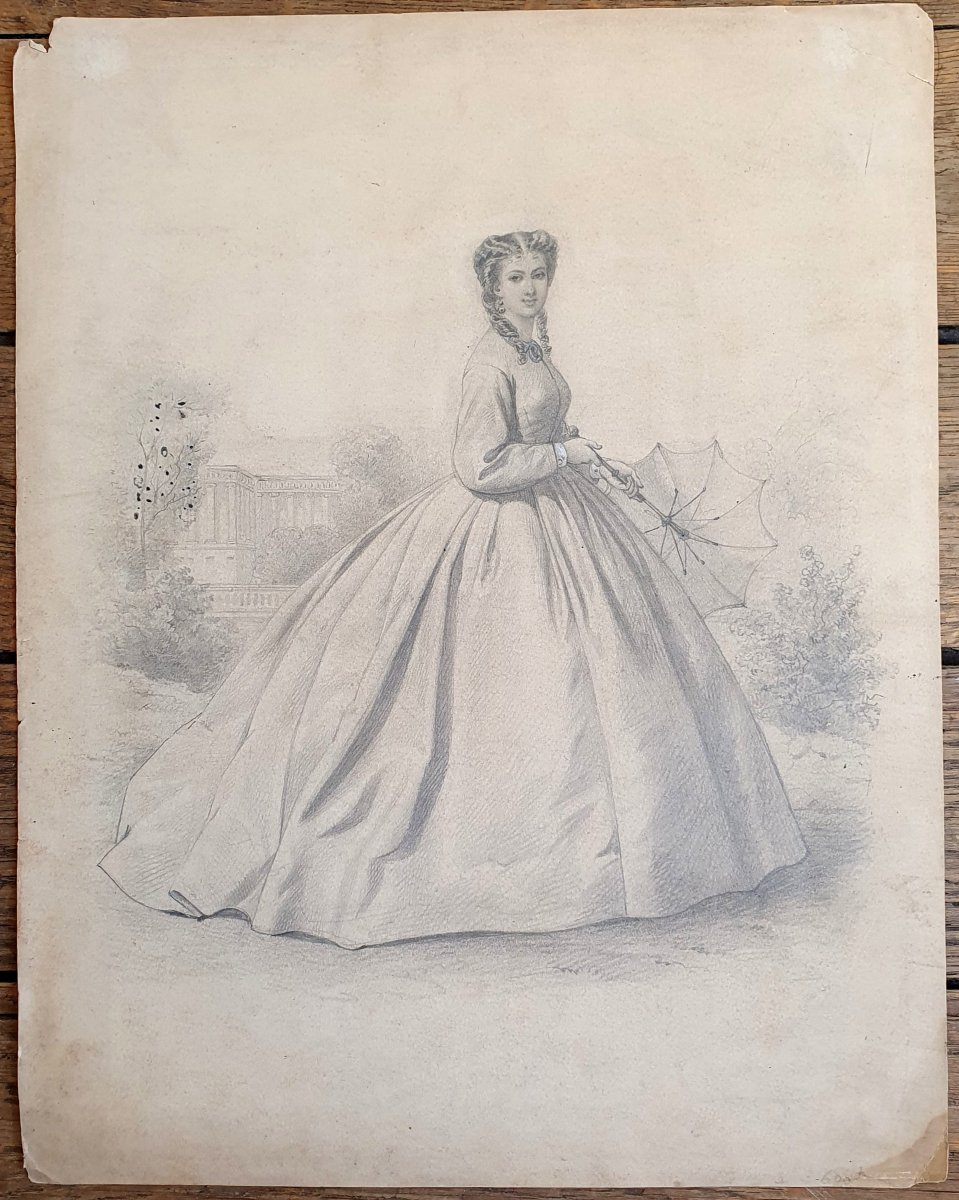 Portrait de femme en pied époque Napoléon III dessin mine de plomb sur papier XIXème-photo-2