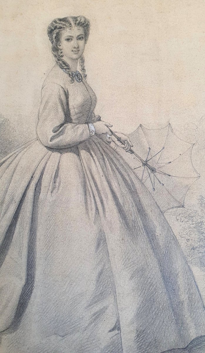 Portrait de femme en pied époque Napoléon III dessin mine de plomb sur papier XIXème-photo-3