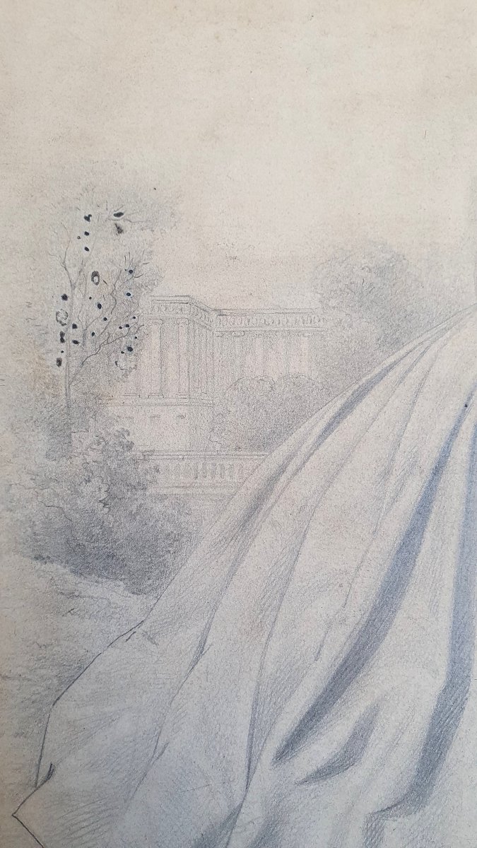 Portrait de femme en pied époque Napoléon III dessin mine de plomb sur papier XIXème-photo-4