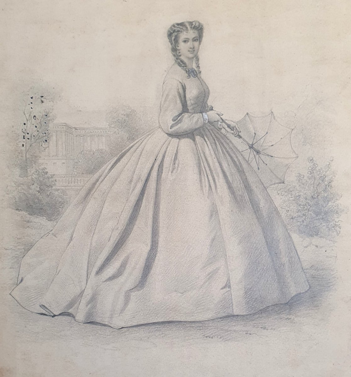 Portrait de femme en pied époque Napoléon III dessin mine de plomb sur papier XIXème