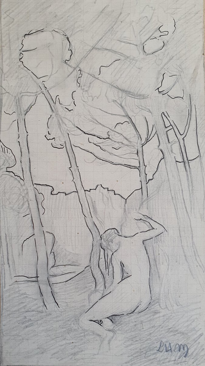 Deux dessins symbolisme femme nue encre Borée et Orithye Biblis -photo-2