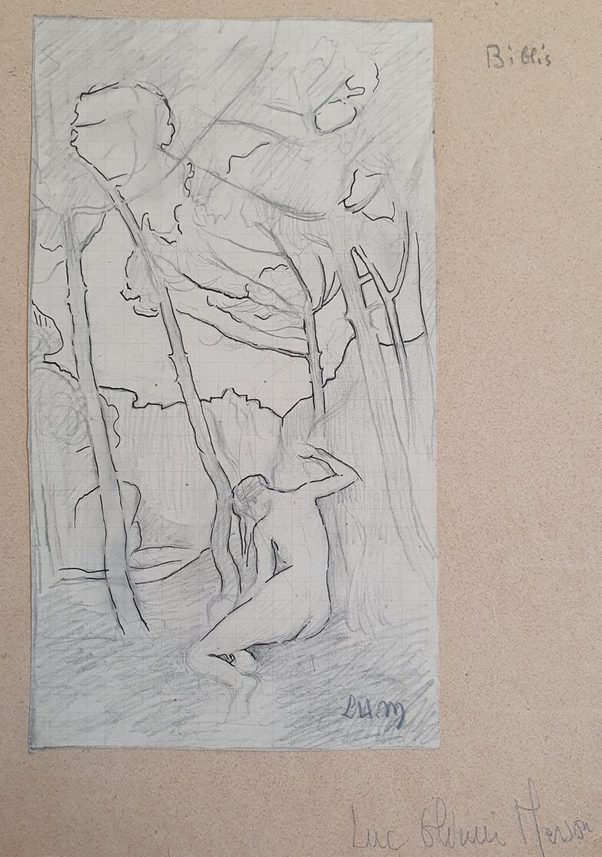 Deux dessins symbolisme femme nue encre Borée et Orithye Biblis -photo-4