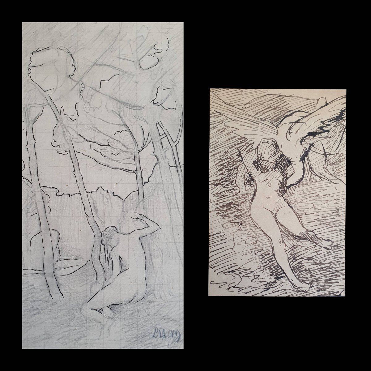 Deux dessins symbolisme femme nue encre Borée et Orithye Biblis 