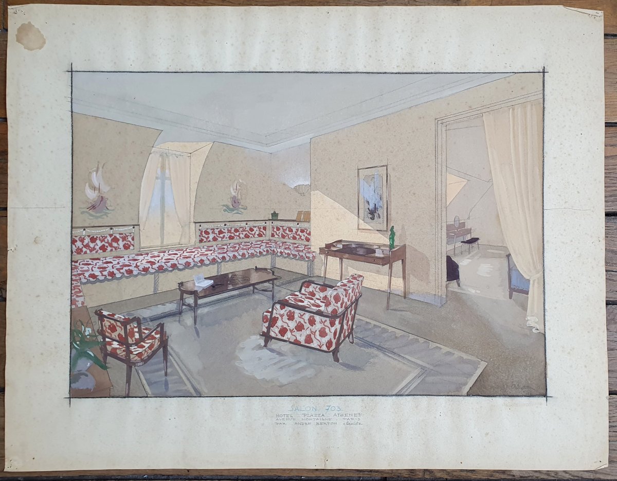 Projet de chambre pour le Plaza Athénée André Berton 1946 gouache aquarelle Paris Décoration-photo-2