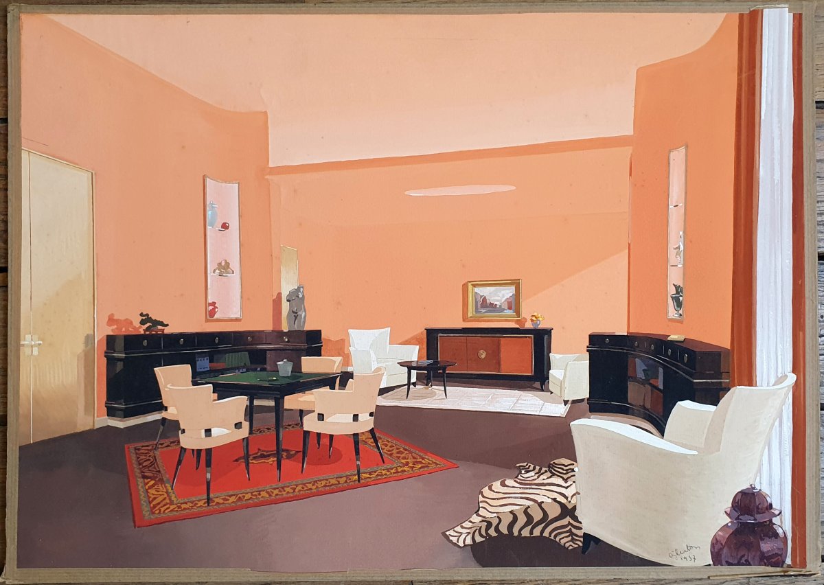 Projet d'un salon André Berton 1937 gouache aquarelle Paris Décoration art déco-photo-2