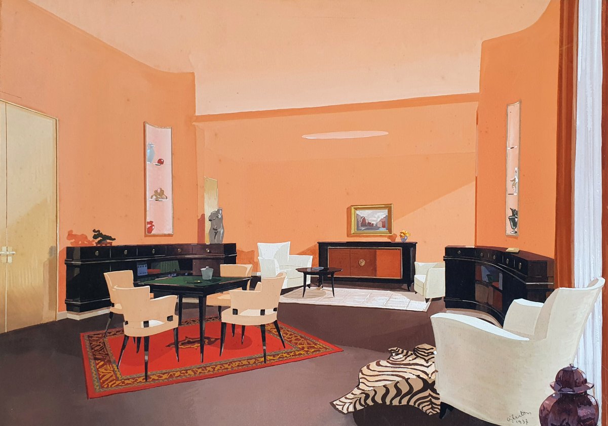 Projet d'un salon André Berton 1937 gouache aquarelle Paris Décoration art déco